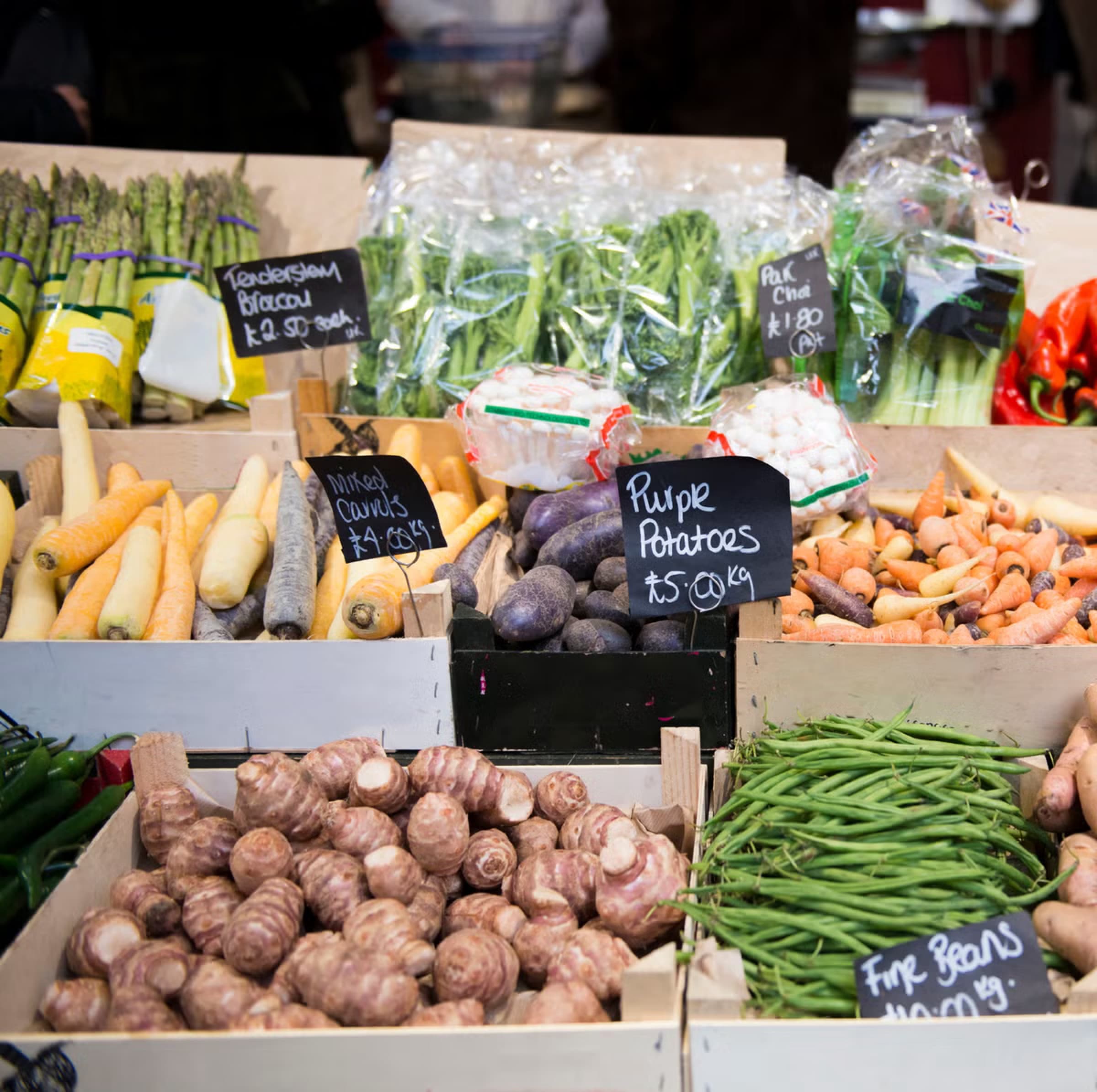 A market stall of fresh vegetables